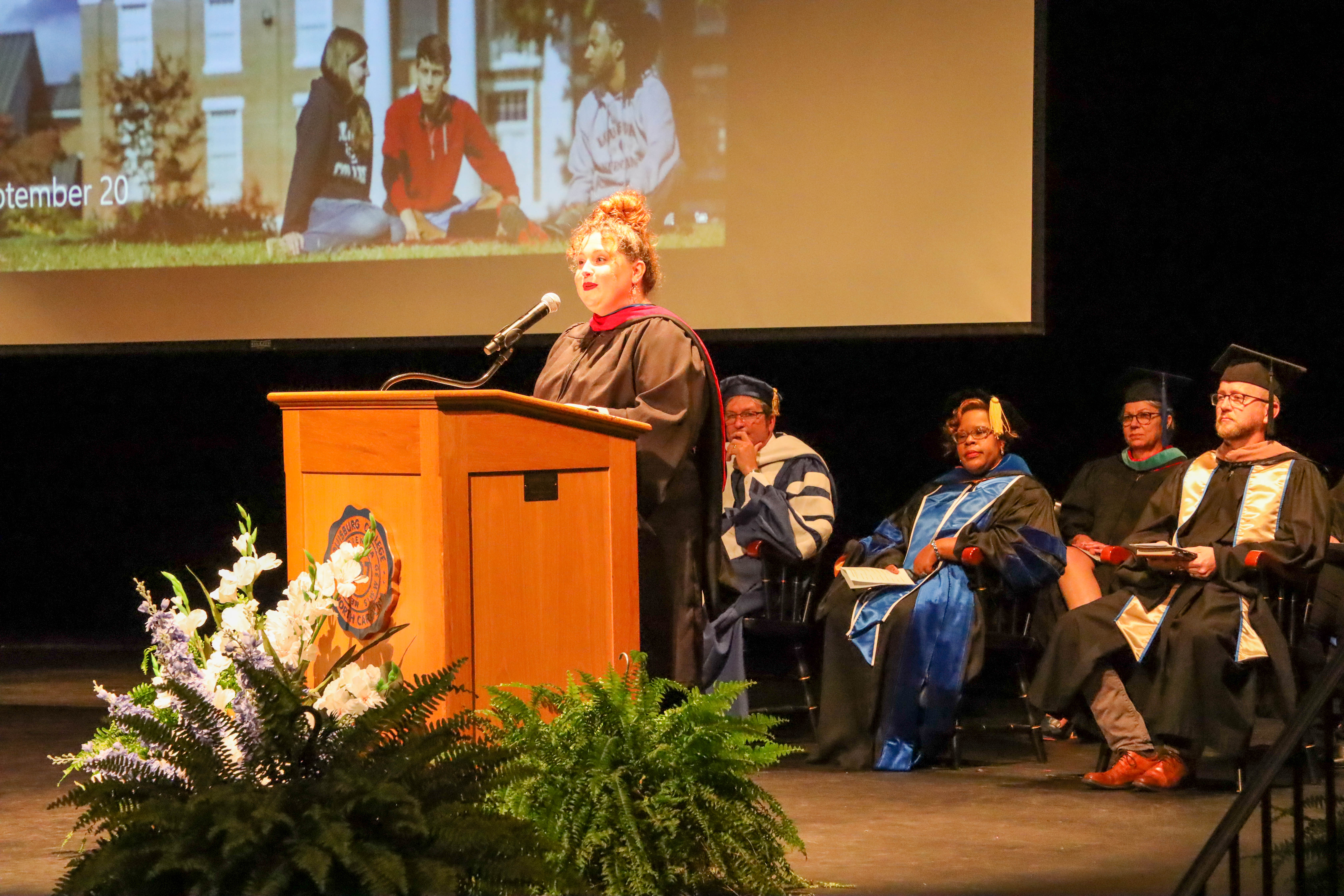 Students, faculty, and staff attended the Fall 2022 Convocation, Thrive in the Present and Embrace the Future, Tuesday, September 20, 2022. The ceremony was held in the Jones Performing Arts Center and the convocation address was delivered by Reverend Amanda Bruce, Chaplain, Louisburg College.
