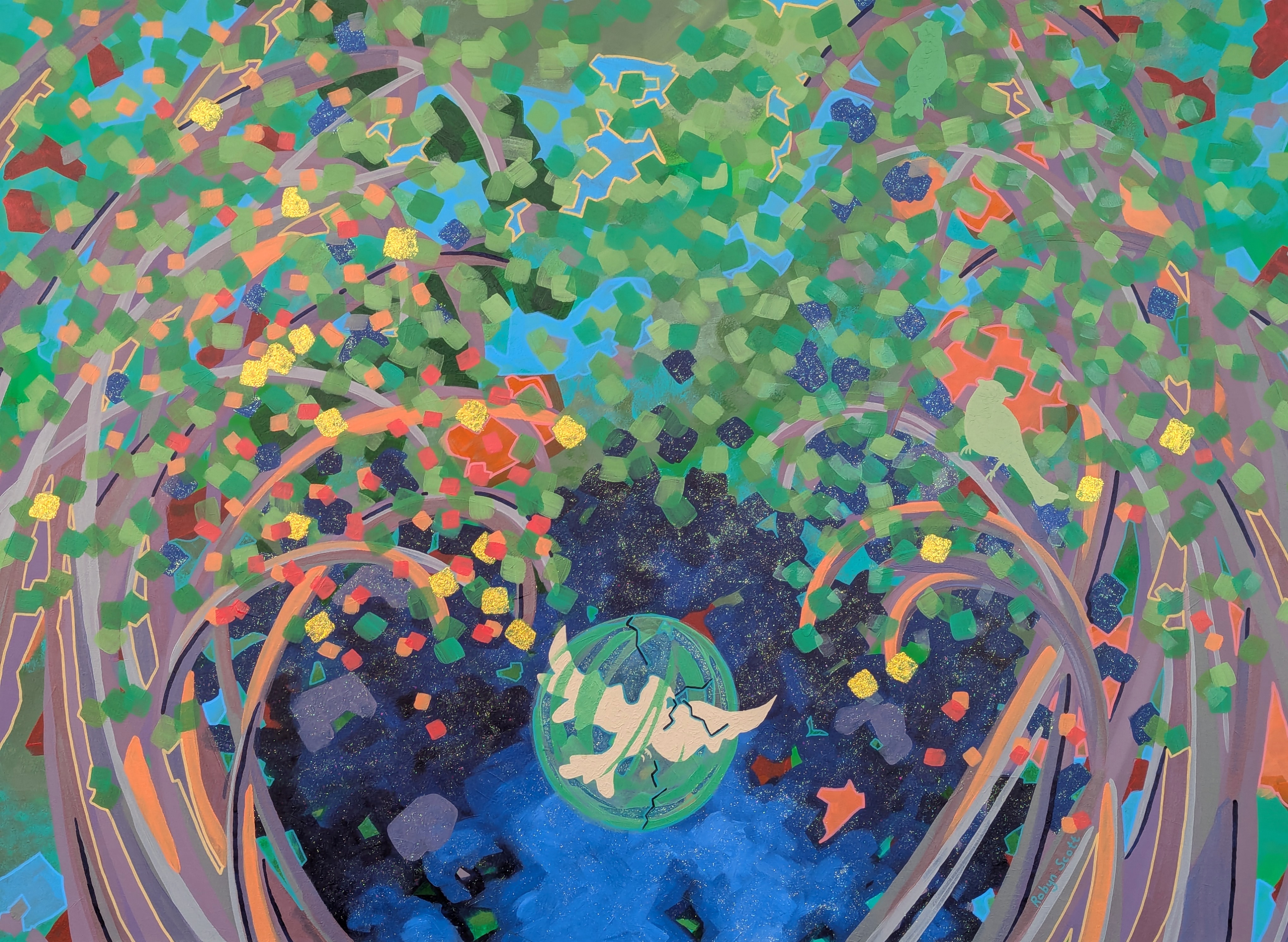 Supernova by Robyn Scott A painting by Robyn Scott for their "Supernova" exhibit featuring a bird and trees.
